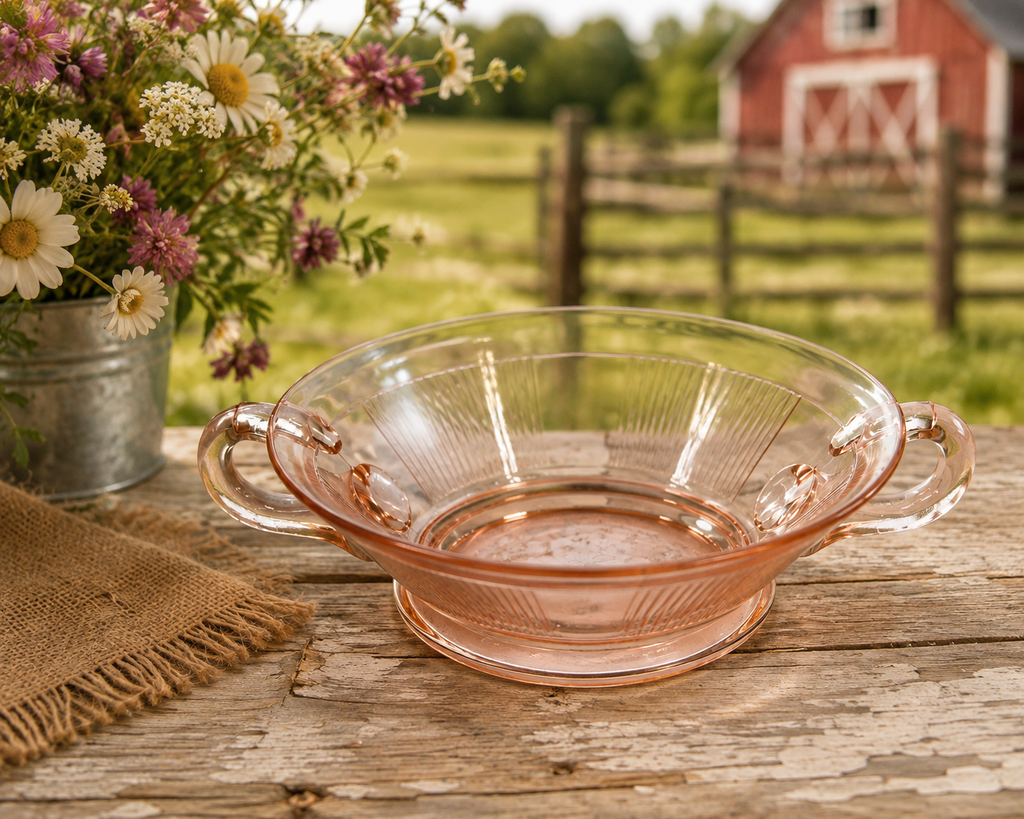 SD-60--Vintage Hocking Manhattan Pink Depression Glass Two-Handled Ribbed Serving Bowl