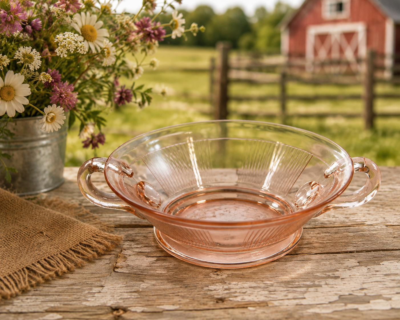 SD-60--Vintage Hocking Manhattan Pink Depression Glass Two-Handled Ribbed Serving Bowl
