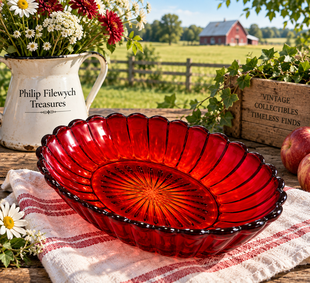 SB-75--Vintage Imperial Glass Ruby Red Pillar & Flute Oval Serving Bowl 8.25"