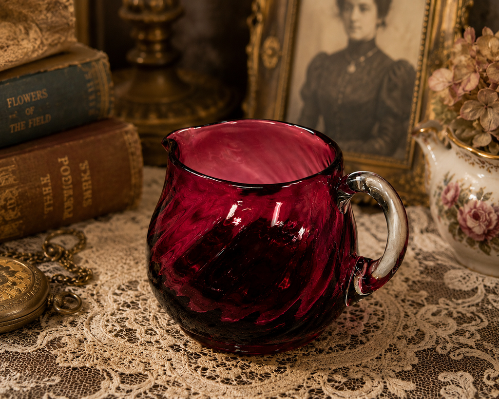 CS-12--English Cranberry Ruby Red Art Glass Creamer – Draped Optic Pattern – Clear Handle – 3"