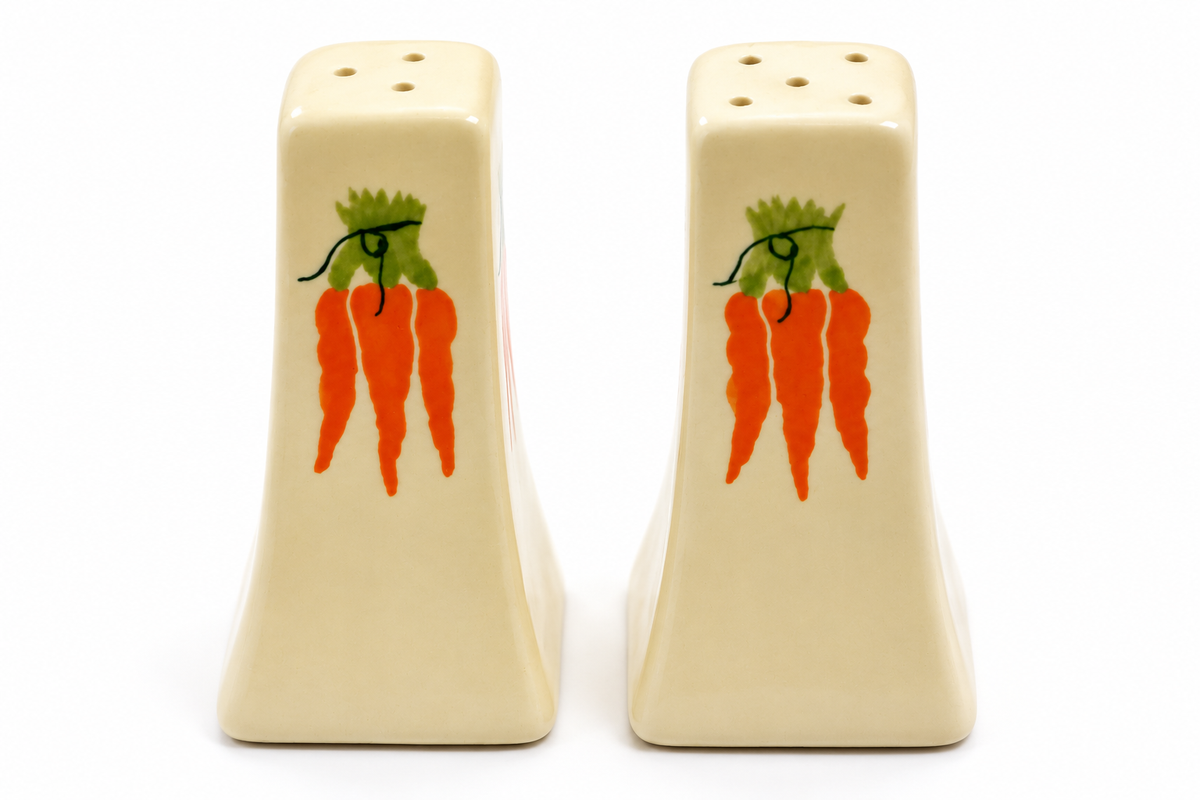 SP-05 vintage carrot porcelain salt and pepper shakers on white background