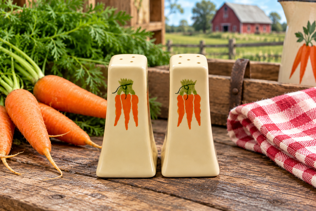 Vintage carrot salt and pepper shakers in a farmhouse kitchen setting