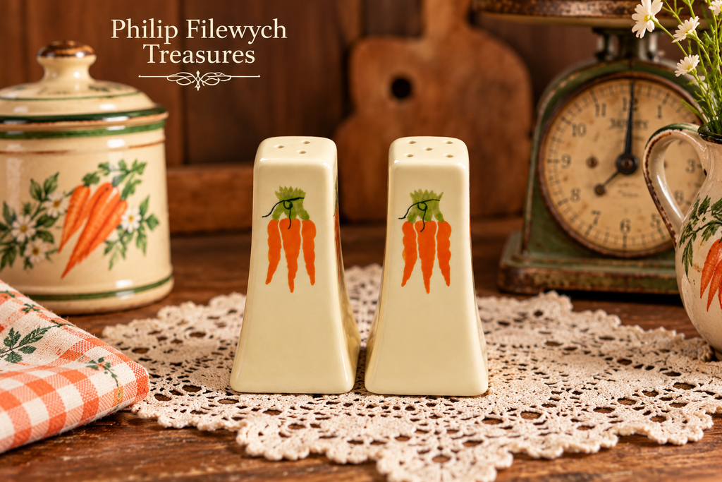 1950s carrot pattern porcelain shakers in vintage kitchen setting