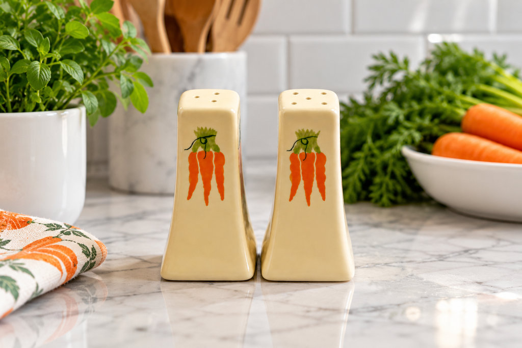 Vintage carrot salt and pepper shakers displayed in a modern kitchen