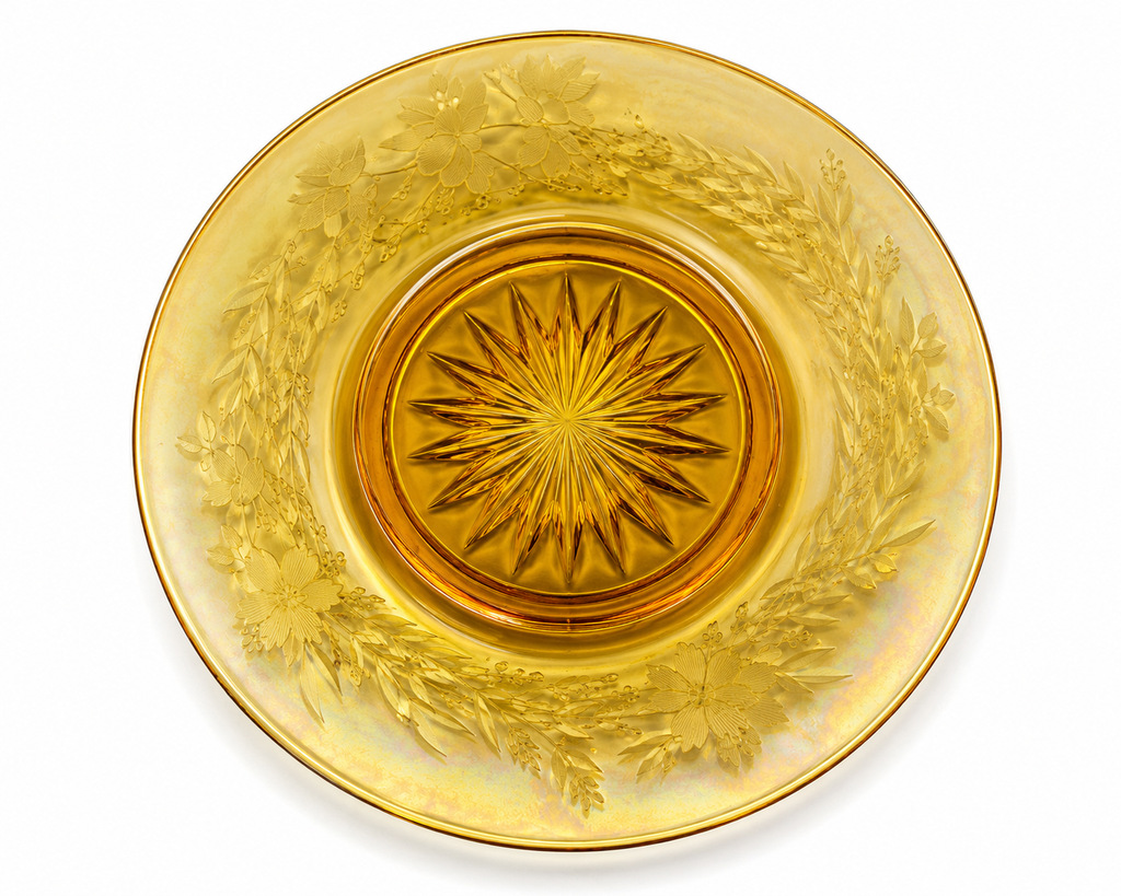 SP-20--Vintage Federal Glass Normandie Sunburst Plate 6.5" Amber Gold Iridescent 1930s