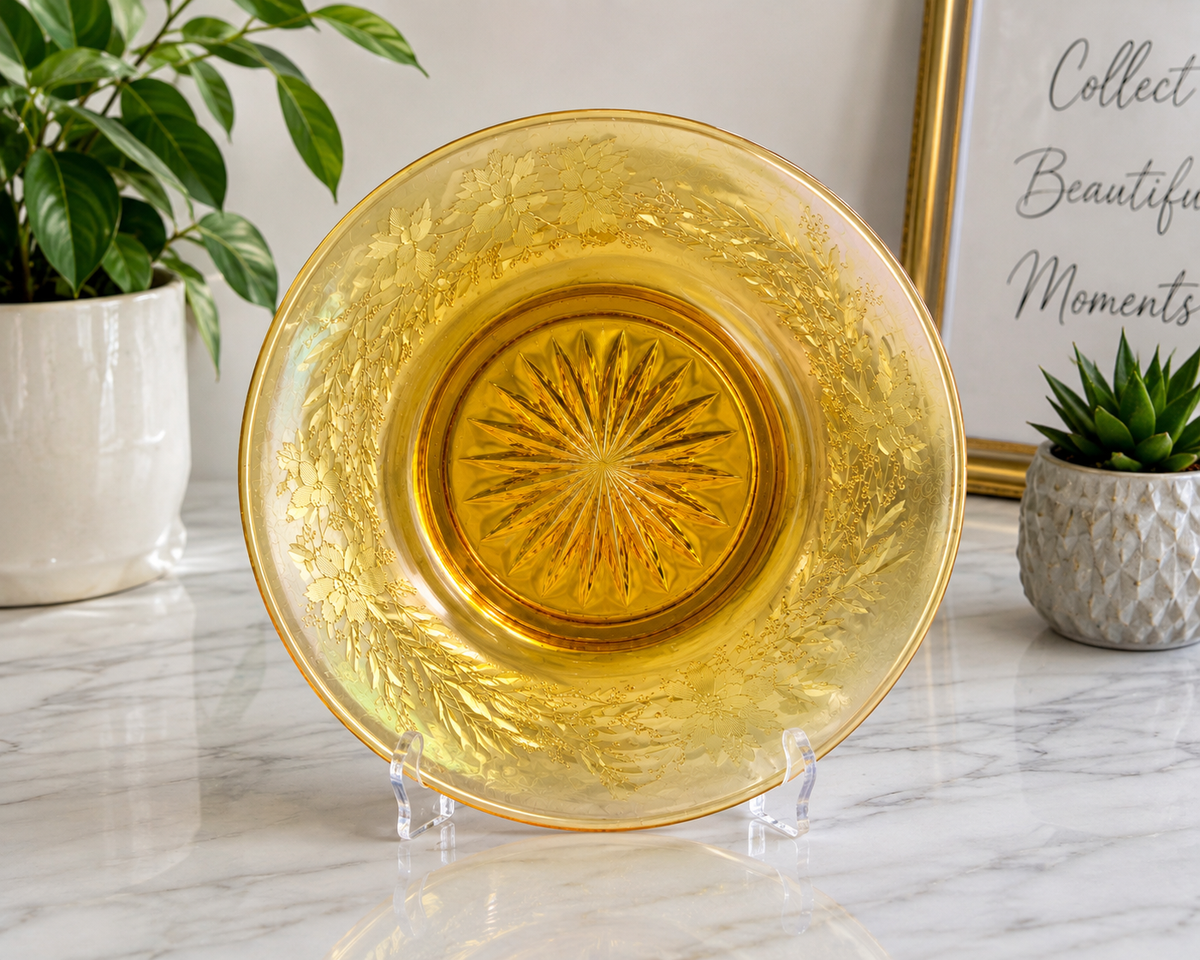 SP-20--Vintage Federal Glass Normandie Sunburst Plate 6.5" Amber Gold Iridescent 1930s