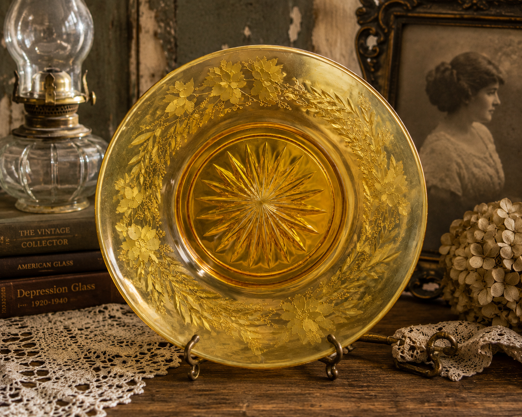 SP-20--Vintage Federal Glass Normandie Sunburst Plate 6.5" Amber Gold Iridescent 1930s