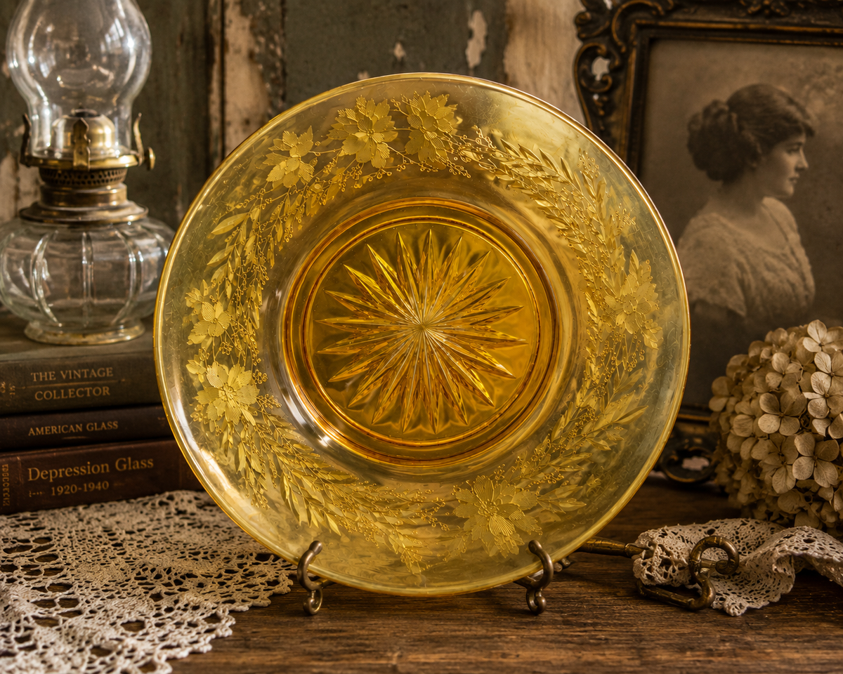 SP-20--Vintage Federal Glass Normandie Sunburst Plate 6.5" Amber Gold Iridescent 1930s