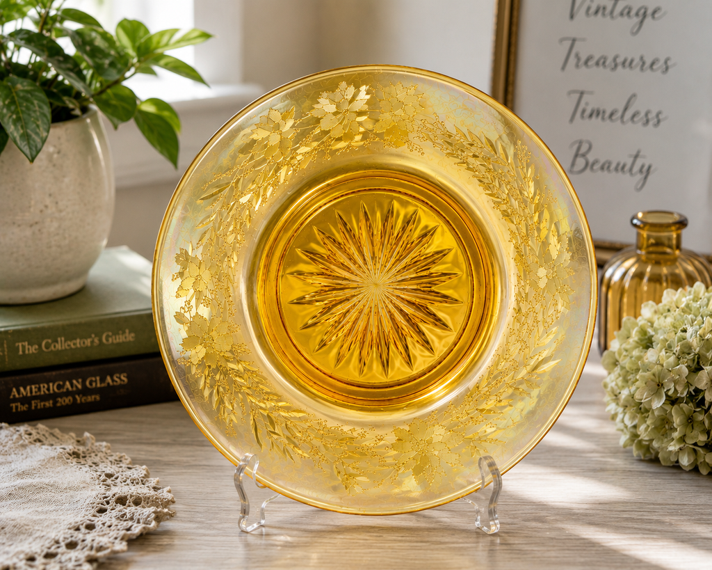SP-20--Vintage Federal Glass Normandie Sunburst Plate 6.5" Amber Gold Iridescent 1930s