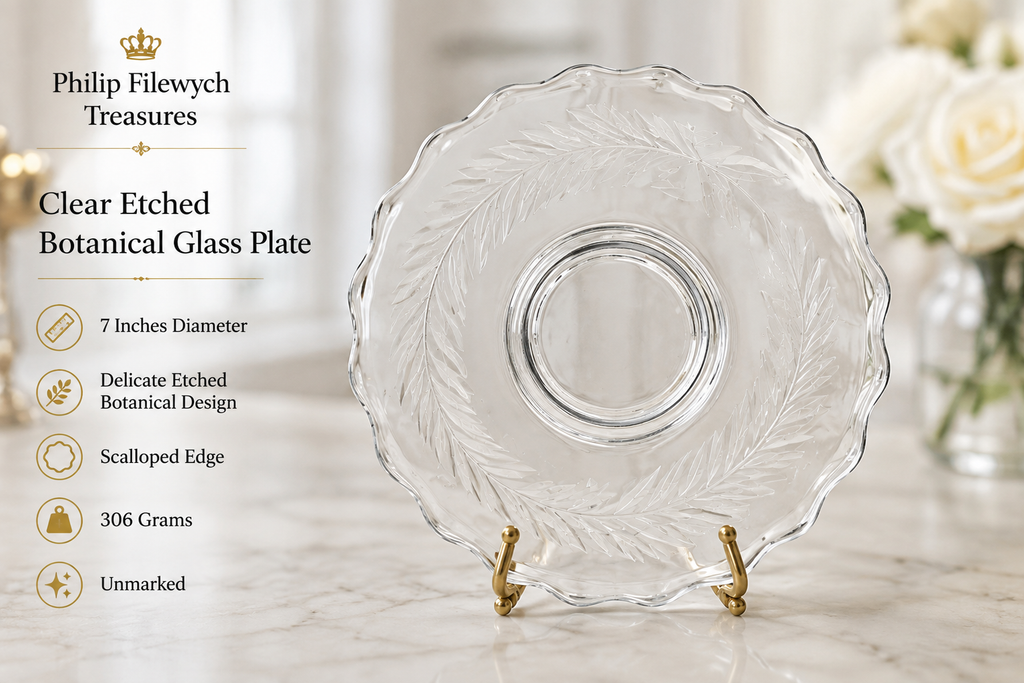 SP-22--Title Clear Etched Botanical Glass Plate 7" Scalloped Edge Unmarked 306g