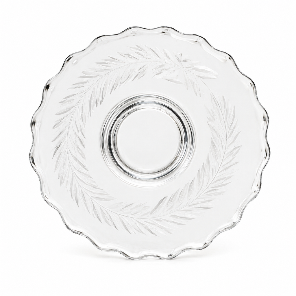 SP-22--Title Clear Etched Botanical Glass Plate 7" Scalloped Edge Unmarked 306g