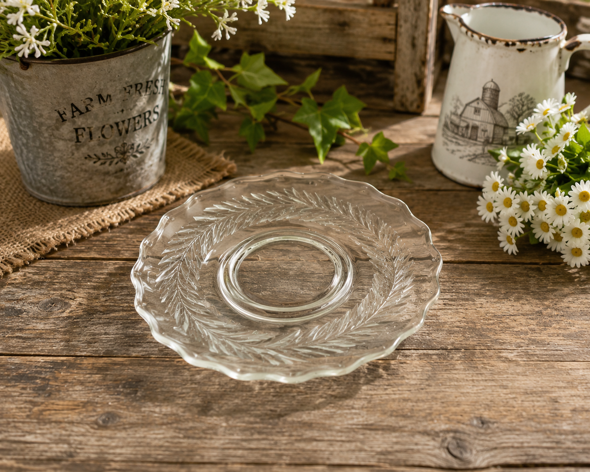 SP-22--Title Clear Etched Botanical Glass Plate 7" Scalloped Edge Unmarked 306g