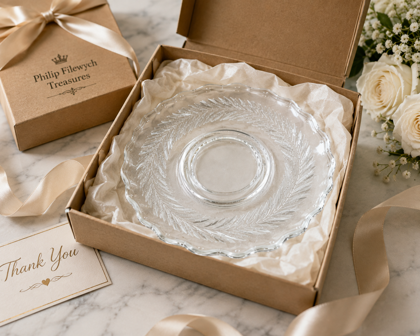 SP-22--Title Clear Etched Botanical Glass Plate 7" Scalloped Edge Unmarked 306g