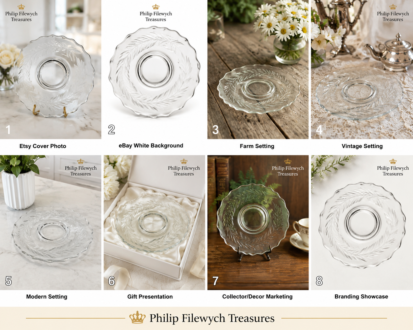 SP-22--Title Clear Etched Botanical Glass Plate 7" Scalloped Edge Unmarked 306g