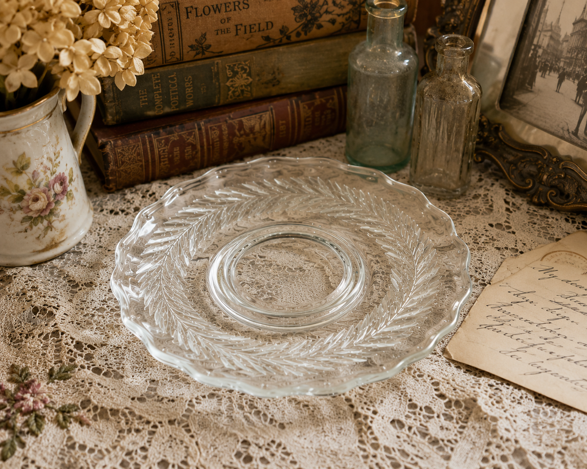 SP-22--Title Clear Etched Botanical Glass Plate 7" Scalloped Edge Unmarked 306g