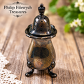 SP-50 vintage English silver-plated salt shaker by William Adams with pierced dome lid and decorative feet, Philip Filewych Treasures.