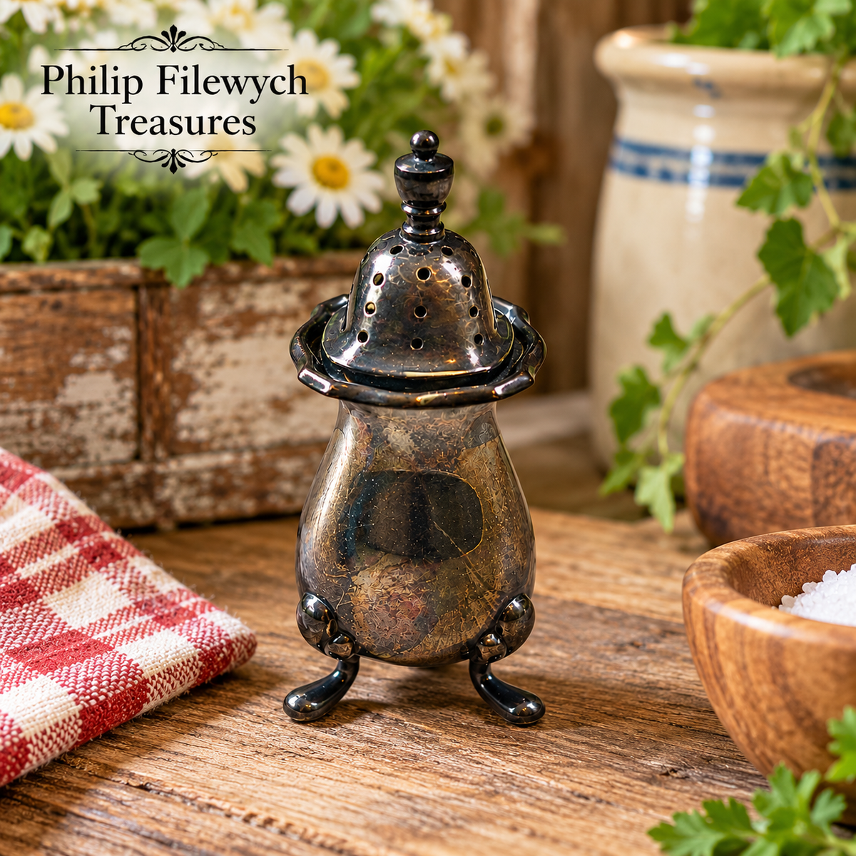 SP-50 vintage English silver-plated salt shaker displayed in a rustic farmhouse setting, Philip Filewych Treasures.