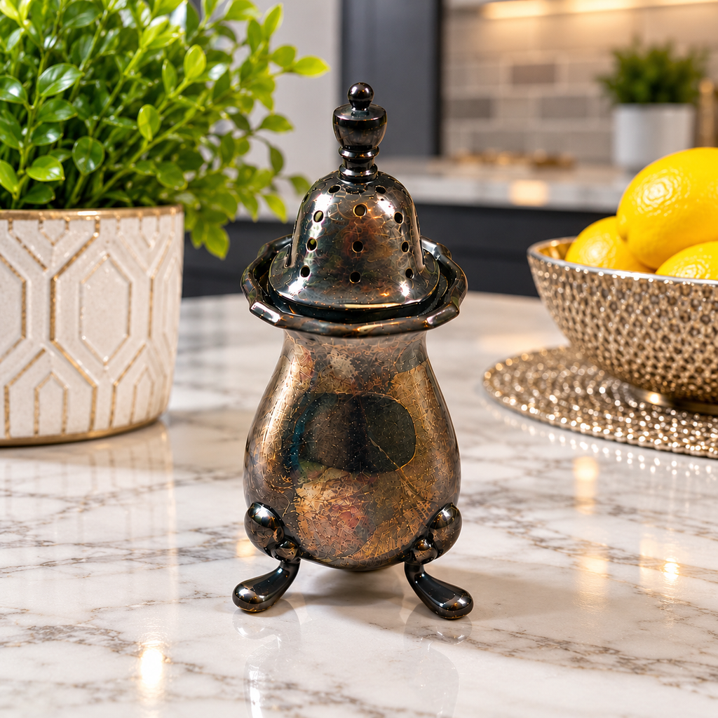 SP-50 vintage English silver-plated salt shaker displayed on a modern marble kitchen counter.