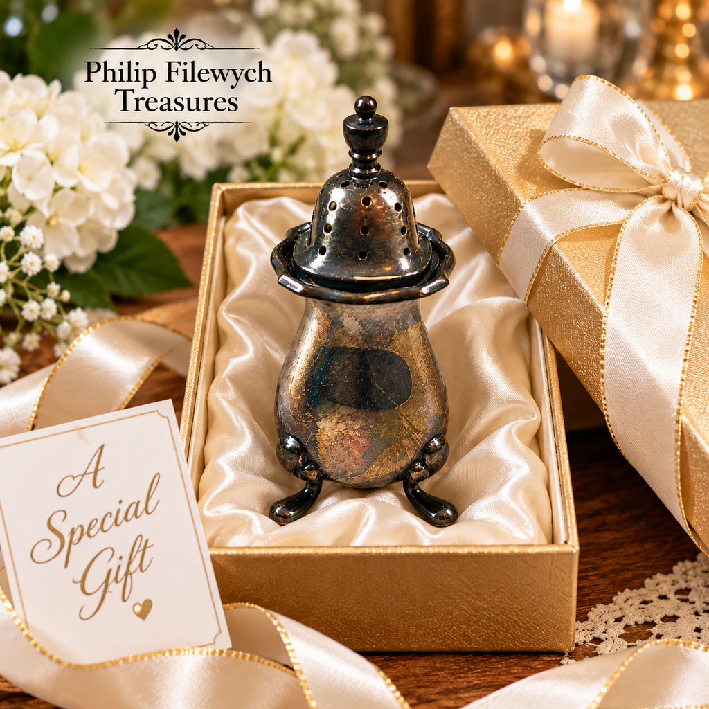 SP-50 vintage English silver-plated salt shaker presented in an elegant gold gift box with satin and ribbon, Philip Filewych Treasures.