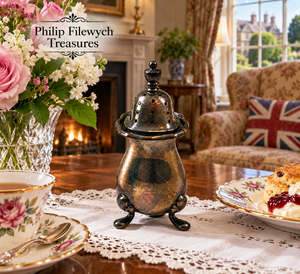 Alt text
SP-50 vintage English silver-plated salt shaker showcased with antique books, crystal, and collector decor, Philip Filewych Treasures.
