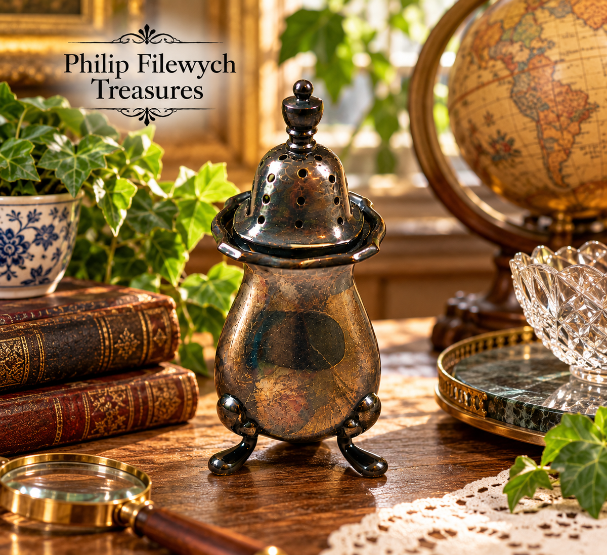 Alt text
SP-50 vintage English silver-plated salt shaker showcased with antique books, crystal, and collector decor, Philip Filewych Treasures.
