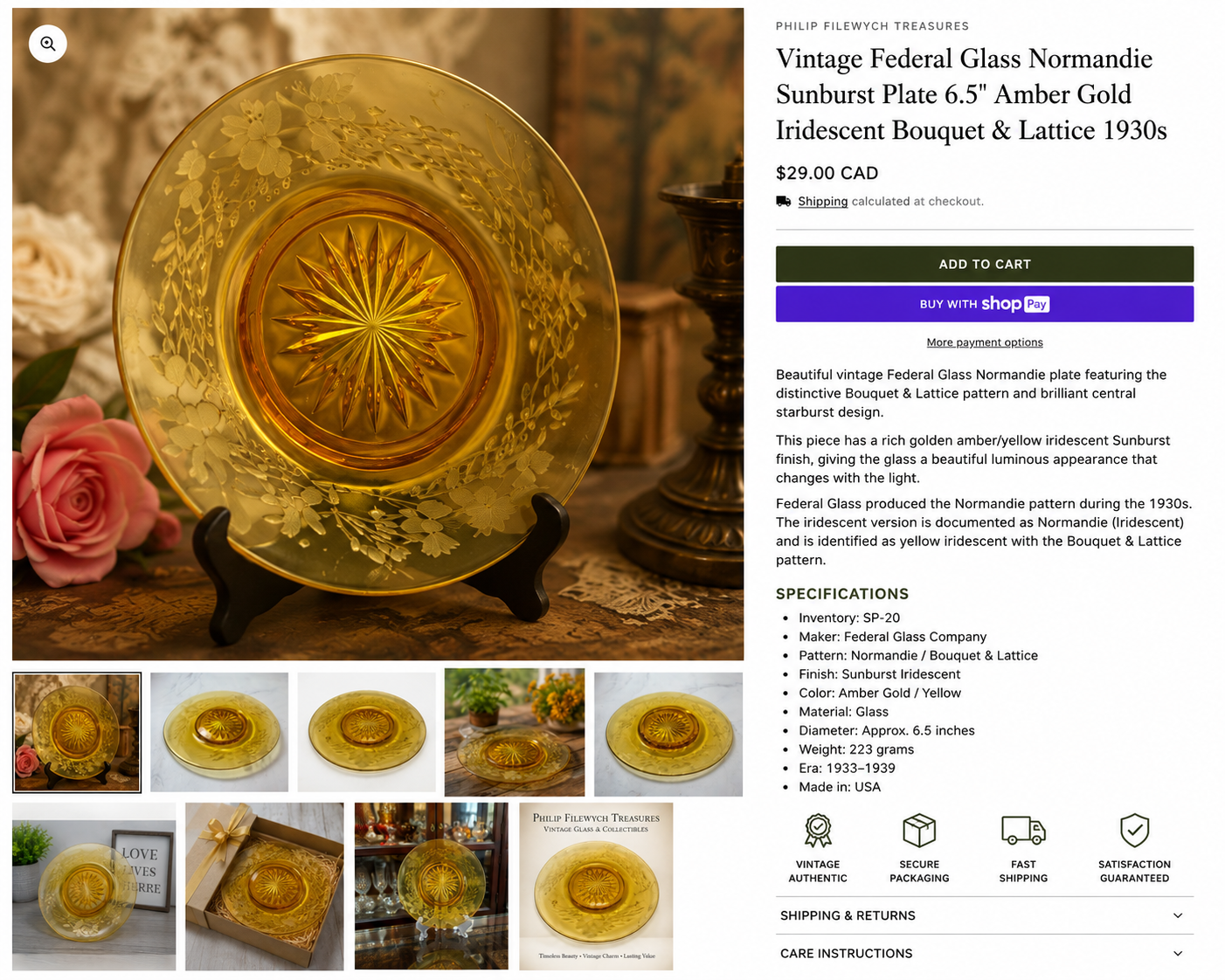 SP-20--Vintage Federal Glass Normandie Sunburst Plate 6.5" Amber Gold Iridescent 1930s