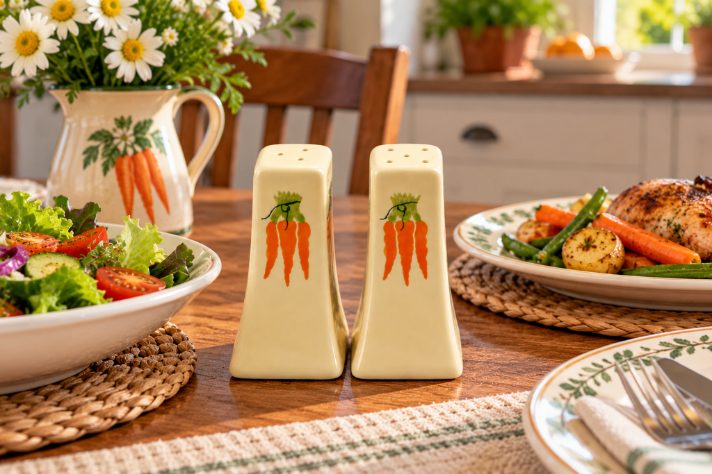 Carrot pattern salt and pepper shakers displayed on a kitchen table
