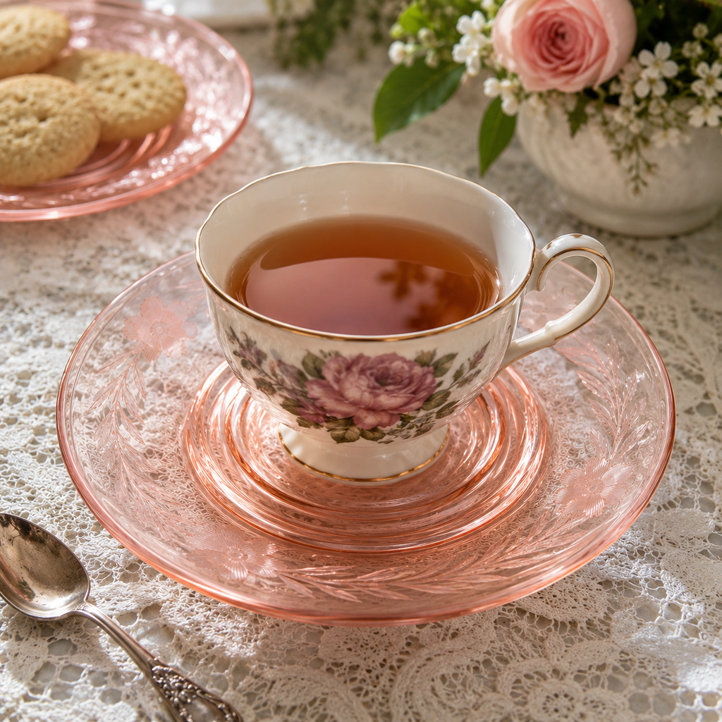 SA-10--Vintage Pink Etched Depression Glass Saucers – Set of 6