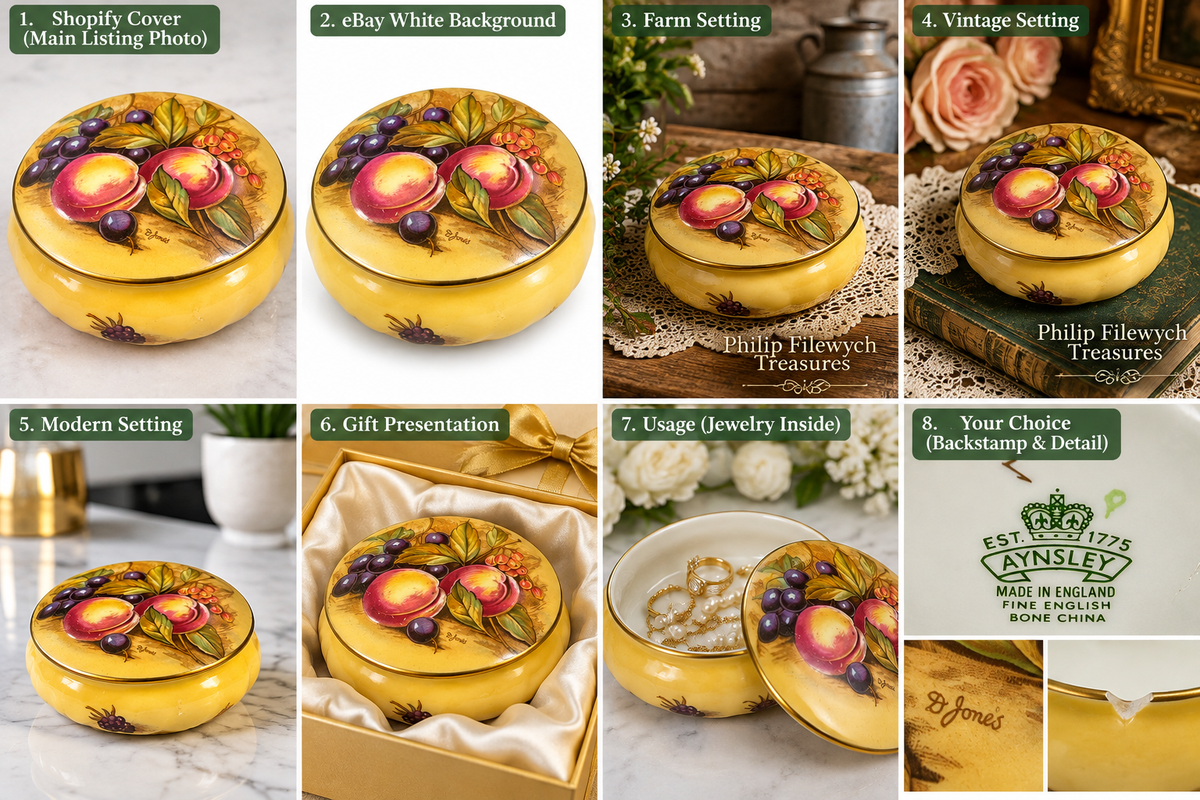 Aynsley Orchard Gold trinket dish showcasing the lid design, fruit pattern and fine bone china details