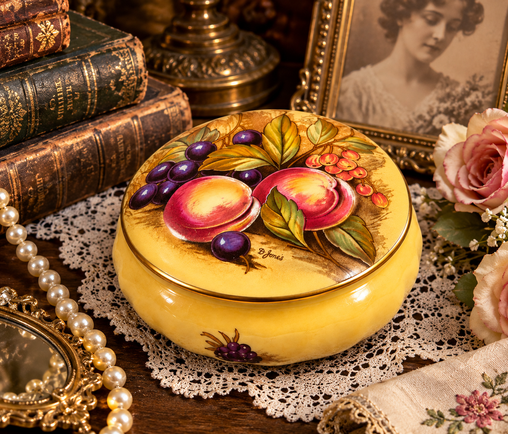 Vintage Aynsley Fine Bone China Orchard Gold trinket dish in a classic setting