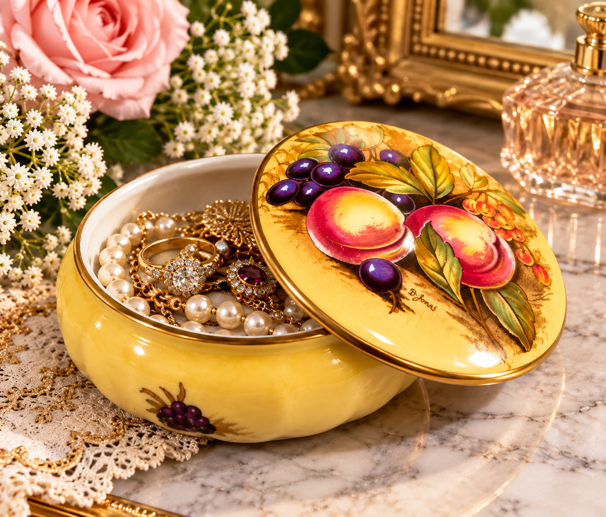Woman displaying an Aynsley Fine Bone China Orchard Gold trinket dish