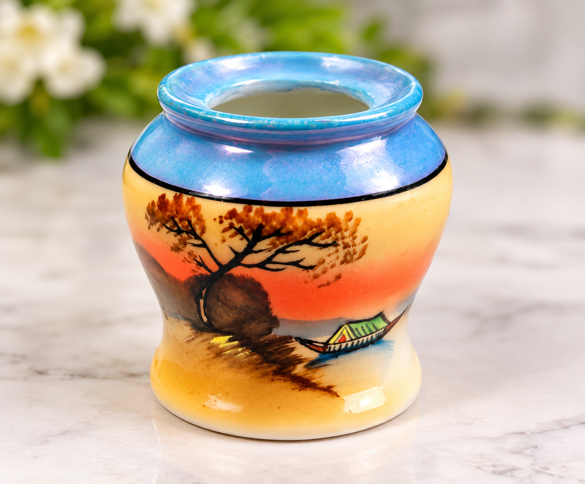 Vintage porcelain toothpick holder with hand-painted sunset fishing boat scene, circa 1950, made in Japan.