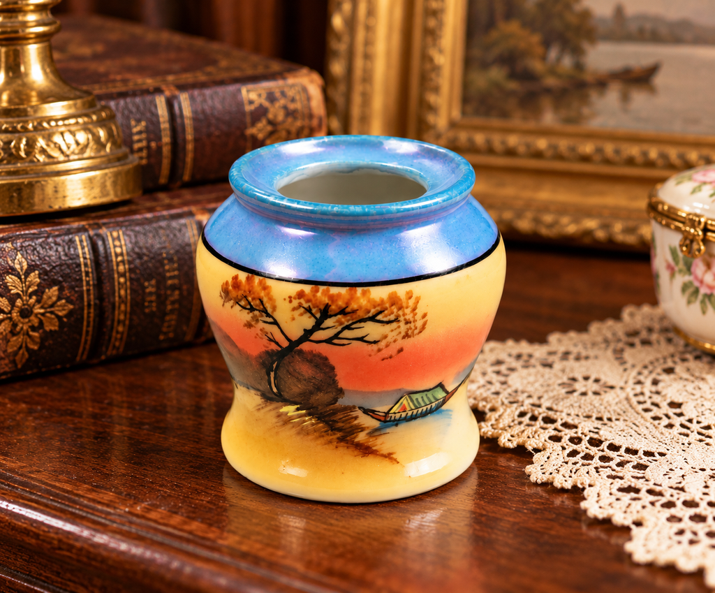 1950s Japanese porcelain toothpick holder with sunset and fishing boat artwork in a vintage display.