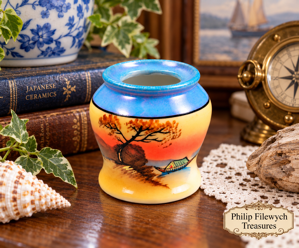 1950s Japanese porcelain toothpick holder with sunset and fishing boat artwork in a vintage display.