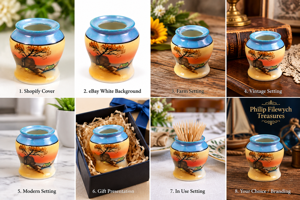 Collectible vintage Japanese porcelain toothpick holder featuring a hand-painted sunset fishing boat, offered by Philip Filewych Treasures.