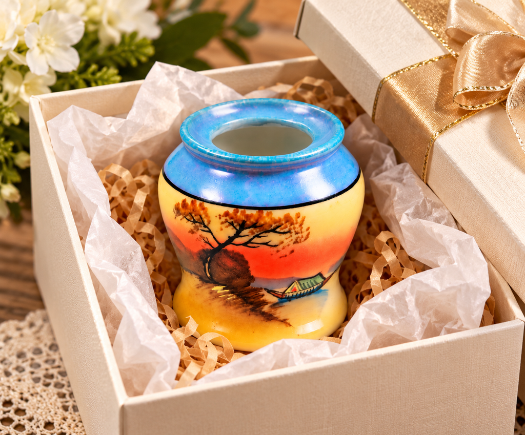 Vintage Japanese porcelain toothpick holder with fishing boat artwork presented as a collectible gift.