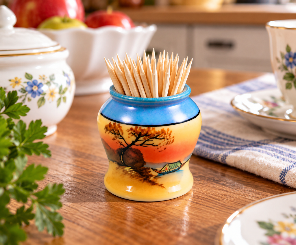 Vintage porcelain toothpick holder displayed with toothpicks on a kitchen table setting.