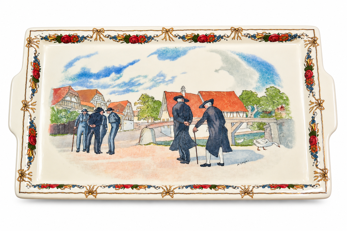 TS-10--Vintage Sarreguemines Obernai Henri Loux French Faience Serving Tray 13" Made in France