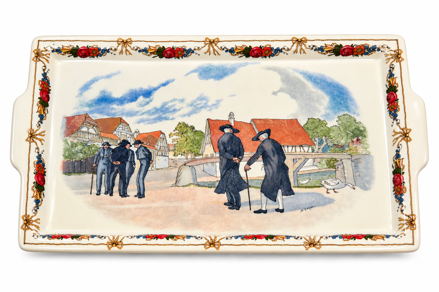 TS-10--Vintage Sarreguemines Obernai Henri Loux French Faience Serving Tray 13" Made in France
