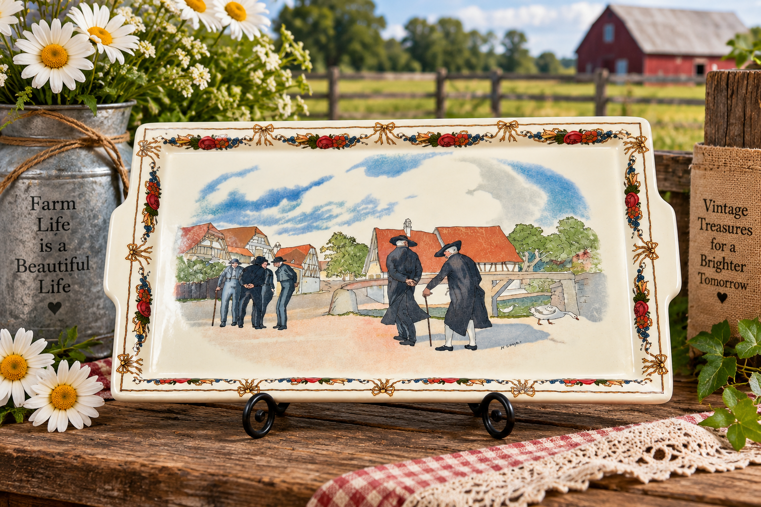 TS-10--Vintage Sarreguemines Obernai Henri Loux French Faience Serving Tray 13" Made in France