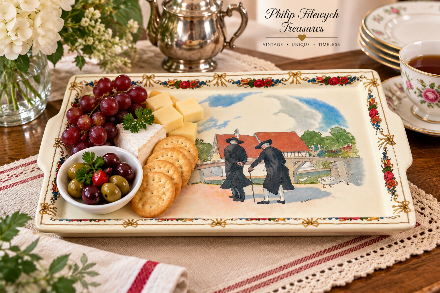 TS-10--Vintage Sarreguemines Obernai Henri Loux French Faience Serving Tray 13" Made in France