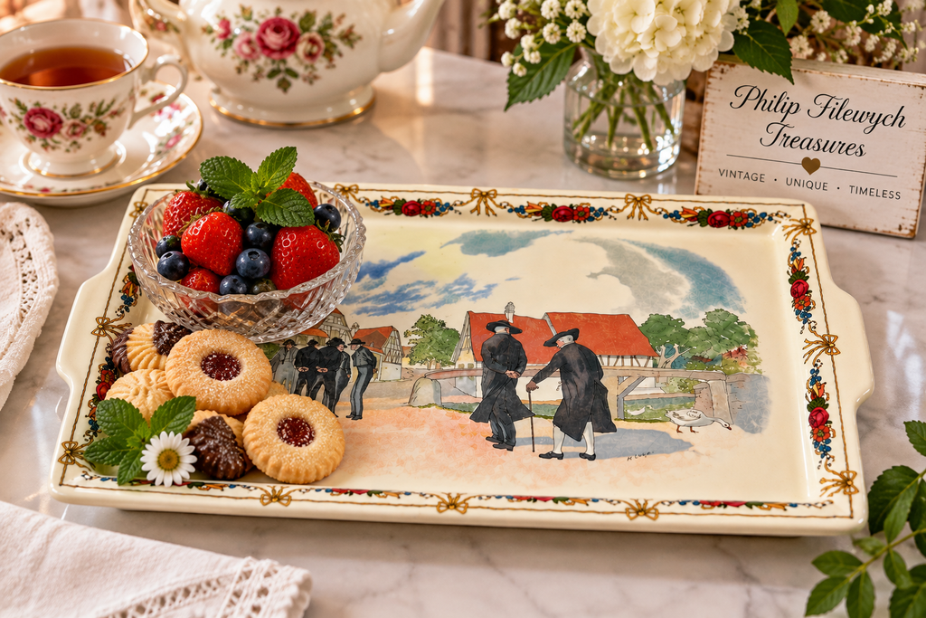 TS-10--Vintage Sarreguemines Obernai Henri Loux French Faience Serving Tray 13" Made in France