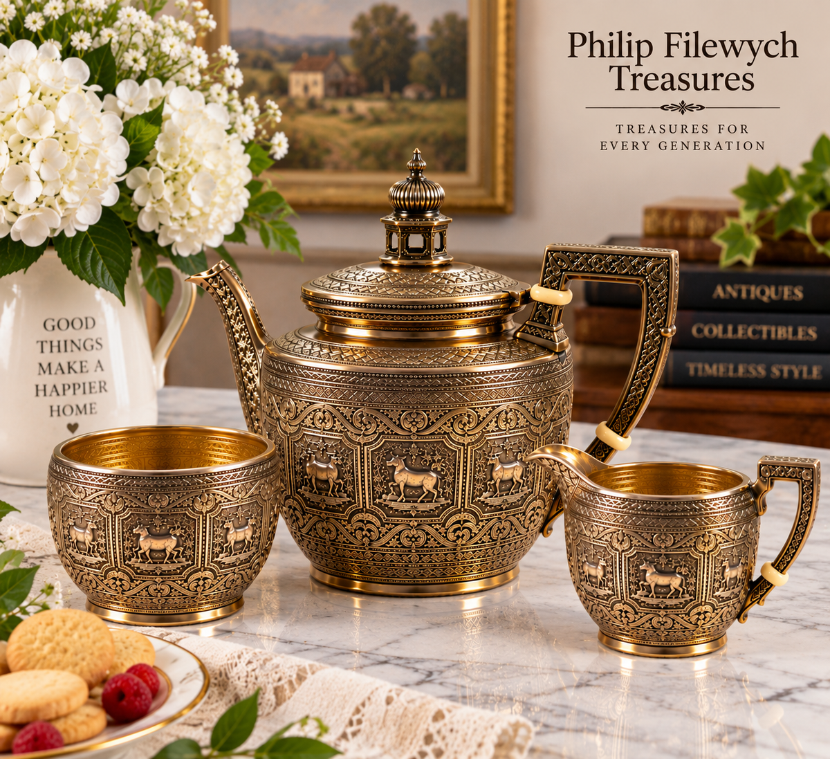 TeaPot-15--Antique 1836 William IV English Sterling Silver Tea Set – Ornate Floral Chased Decoration – Exceptional Collector Piece