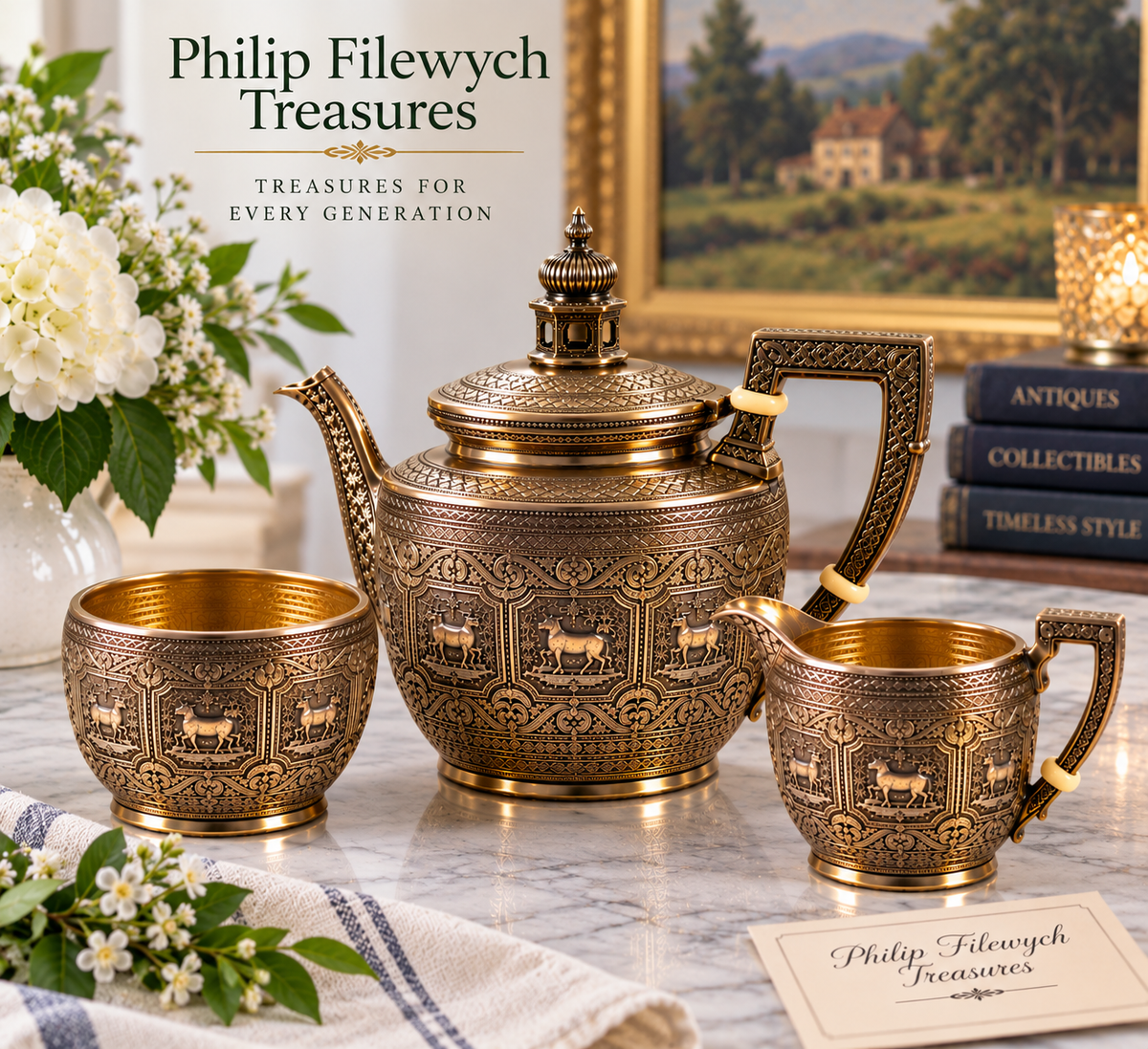TeaPot-15--Antique 1836 William IV English Sterling Silver Tea Set – Ornate Floral Chased Decoration – Exceptional Collector Piece