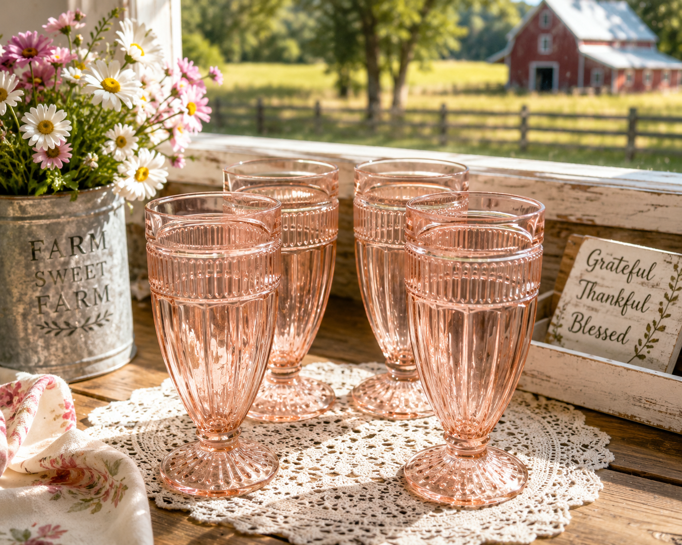 VFG-10--Vintage Pink Footed Pressed Glass Tumblers – Set of 4