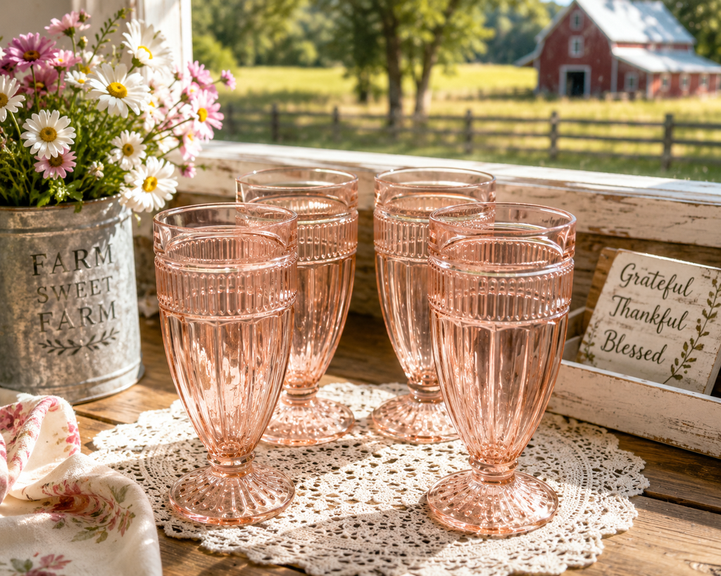 Title VFG-10--Vintage Pink Footed Pressed Glass Tumblers – Set of 4