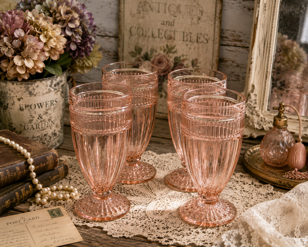 VFG-10--Vintage Pink Footed Pressed Glass Tumblers – Set of 4