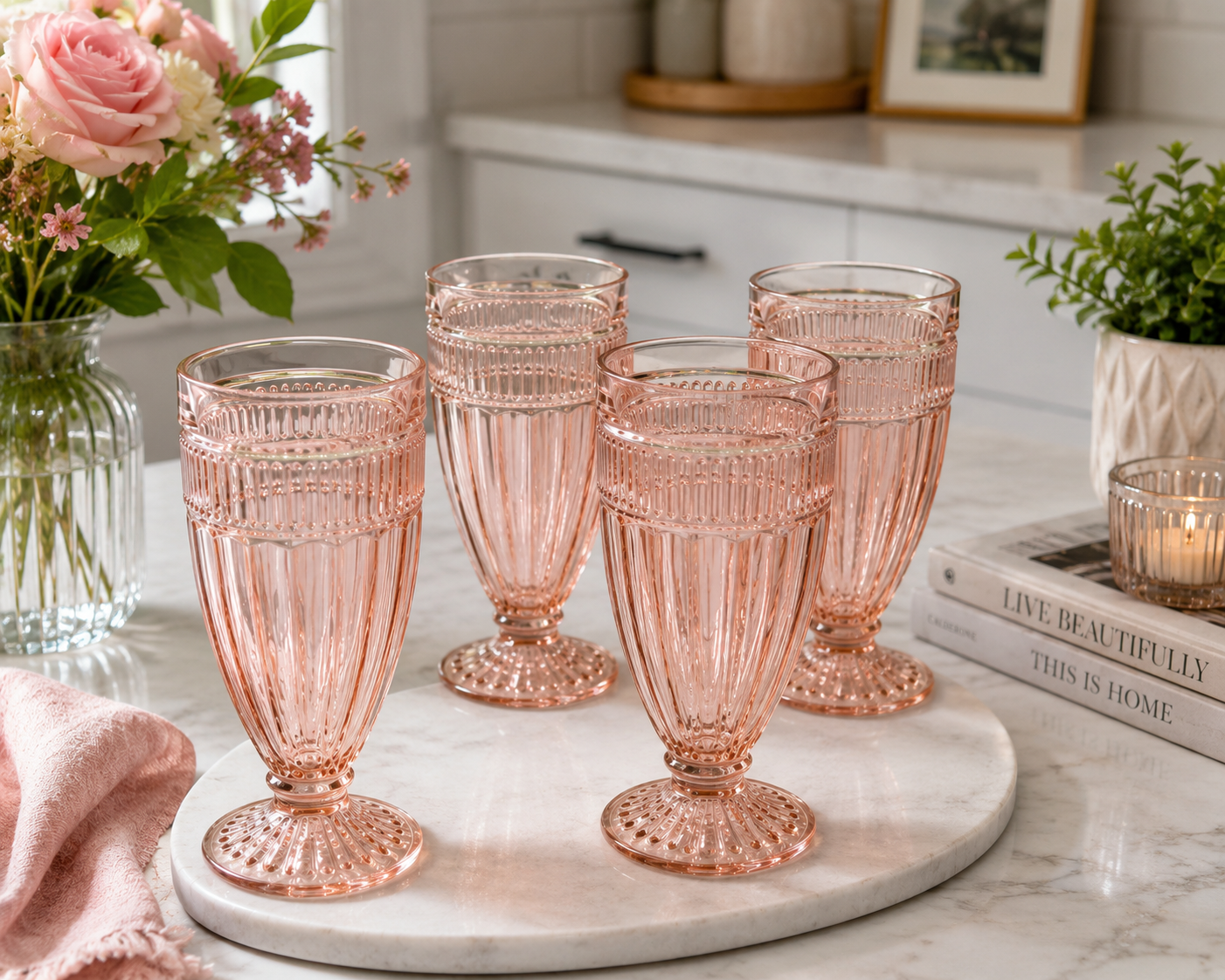 VFG-10--Vintage Pink Footed Pressed Glass Tumblers – Set of 4