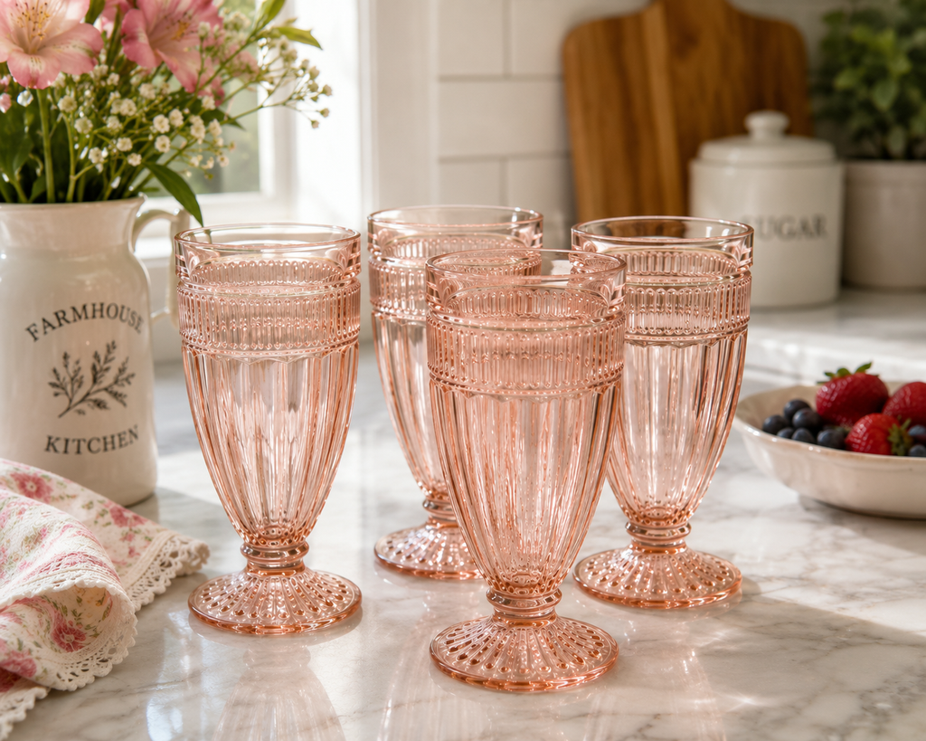 VFG-10--Vintage Pink Footed Pressed Glass Tumblers – Set of 4