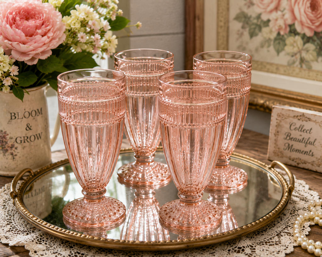 Title VFG-10--Vintage Pink Footed Pressed Glass Tumblers – Set of 4